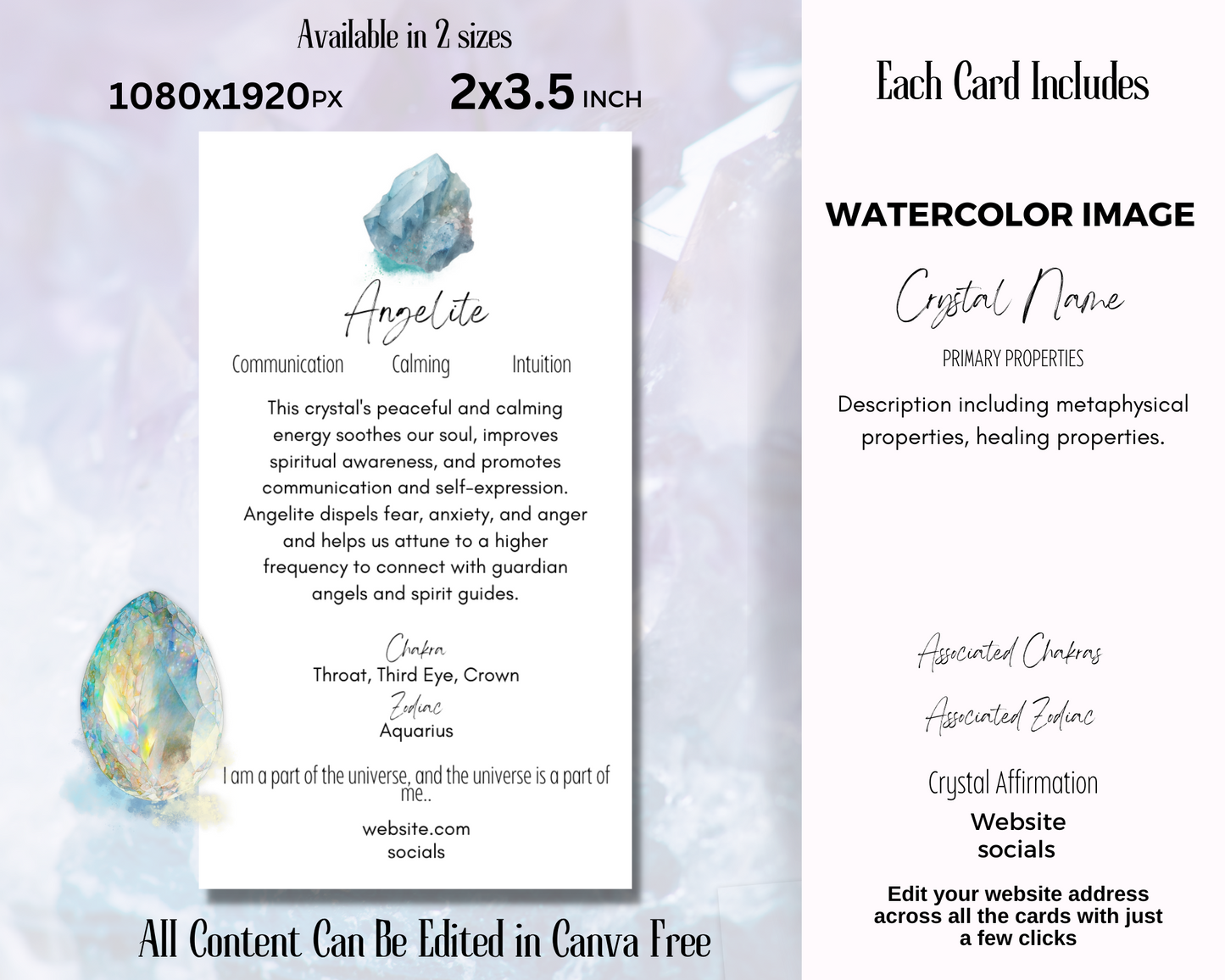 100 Editable Watercolor Crystal Meaning Cards, Printable Gemstone Meaning Cards
