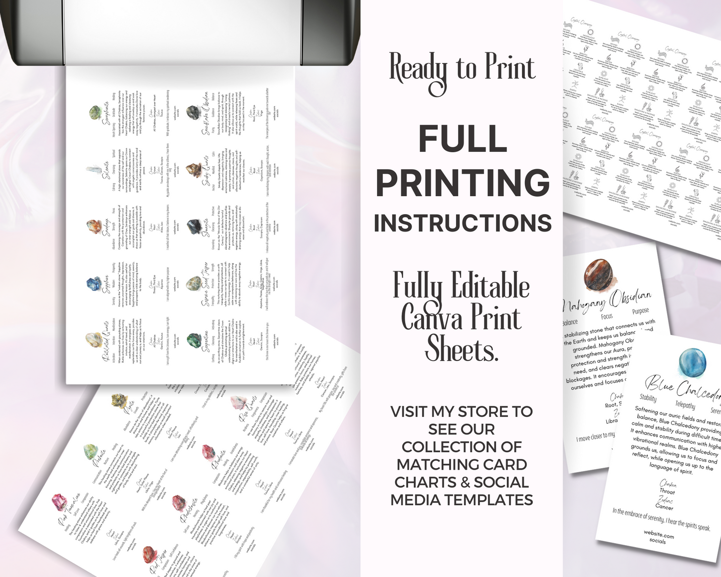 100 Editable Watercolor Crystal Meaning Cards, Printable Gemstone Meaning Cards