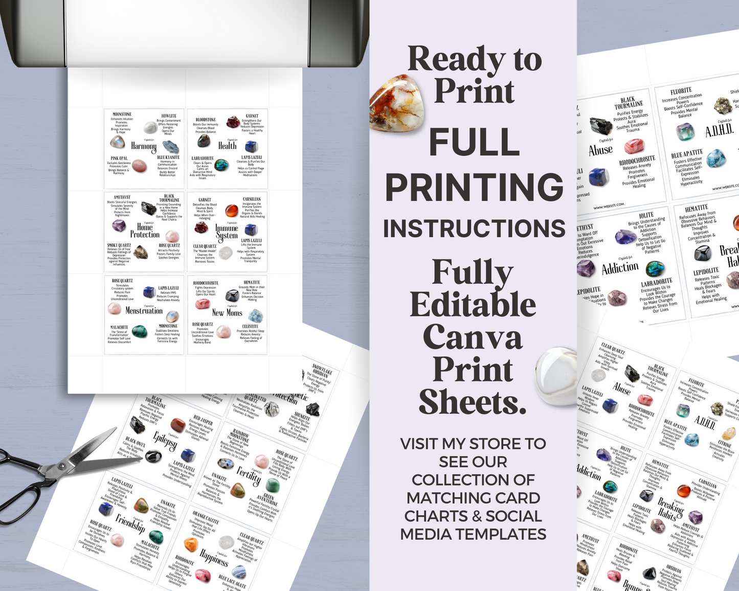 128 Crystals for Mindset, Emotions, Spirituality, Life and Well-Being Crystal Card Bundle Collection- Canva, Printable Crystal Cards & Posts