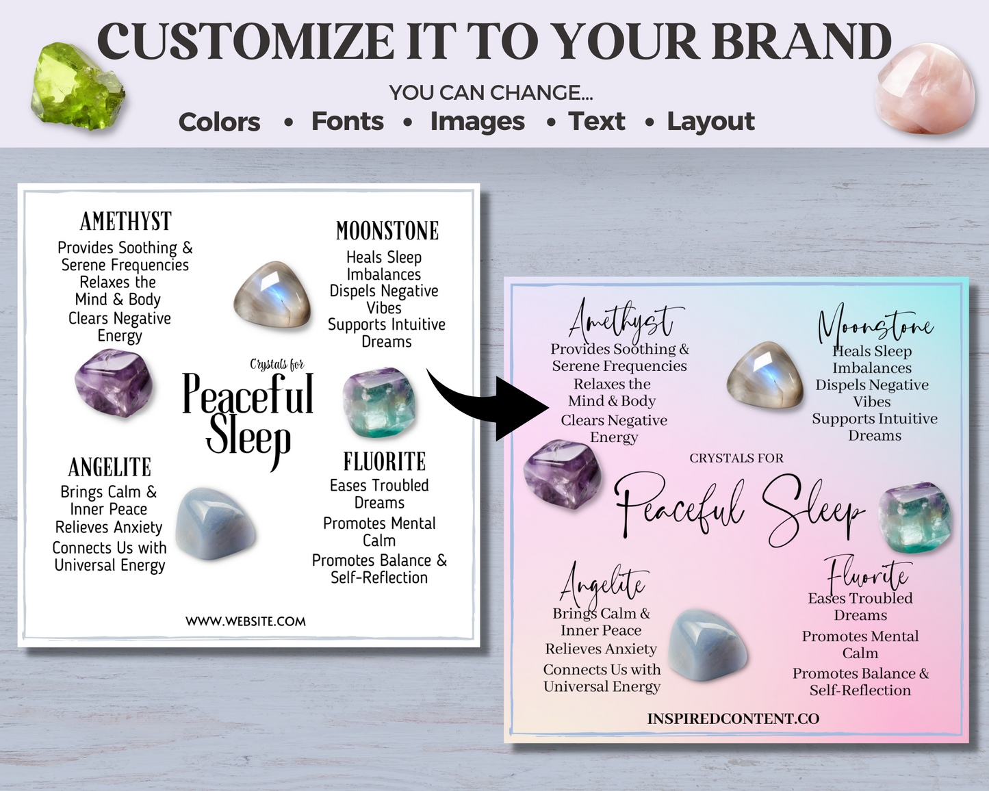 128 Crystals for Mindset, Emotions, Spirituality, Life and Well-Being Crystal Card Bundle Collection- Canva, Printable Crystal Cards & Posts