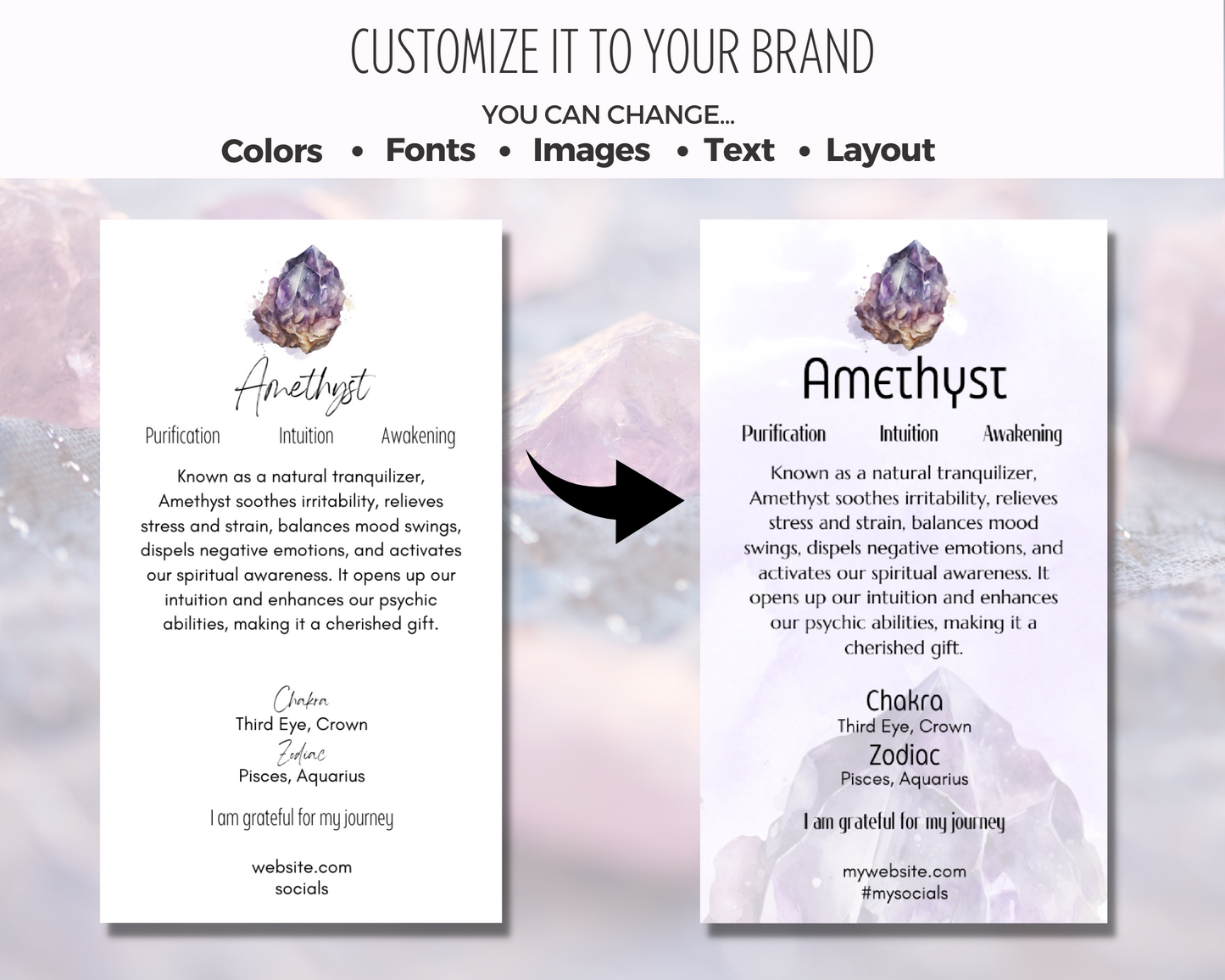 100 Editable Watercolor Crystal Meaning Cards, Printable Gemstone Meaning Cards