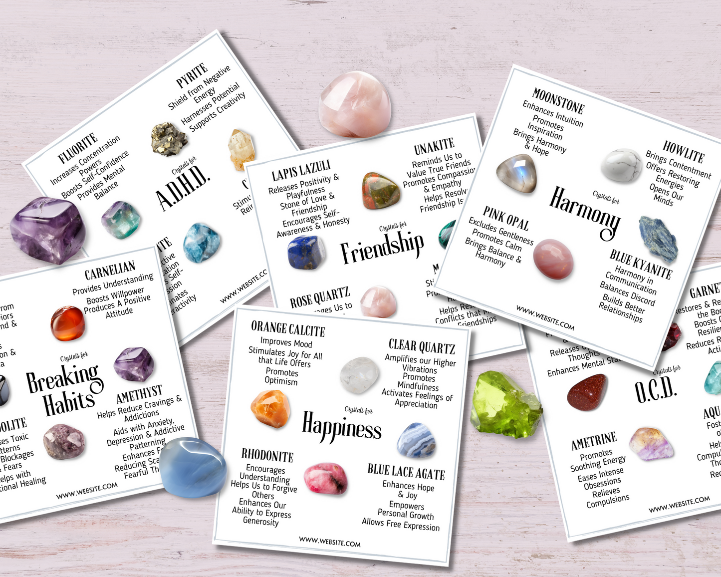 128 Crystals for Mindset, Emotions, Spirituality, Life and Well-Being Crystal Card Bundle Collection- Canva, Printable Crystal Cards & Posts