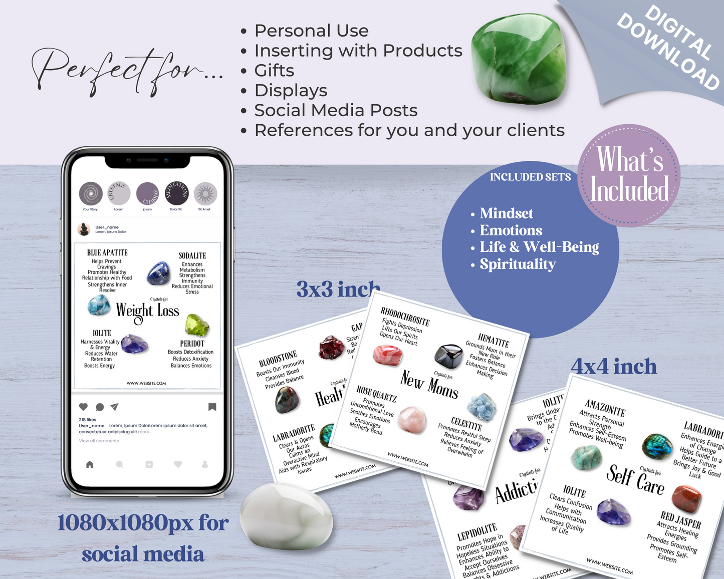 128 Crystals for Mindset, Emotions, Spirituality, Life and Well-Being Crystal Card Bundle Collection- Canva, Printable Crystal Cards & Posts