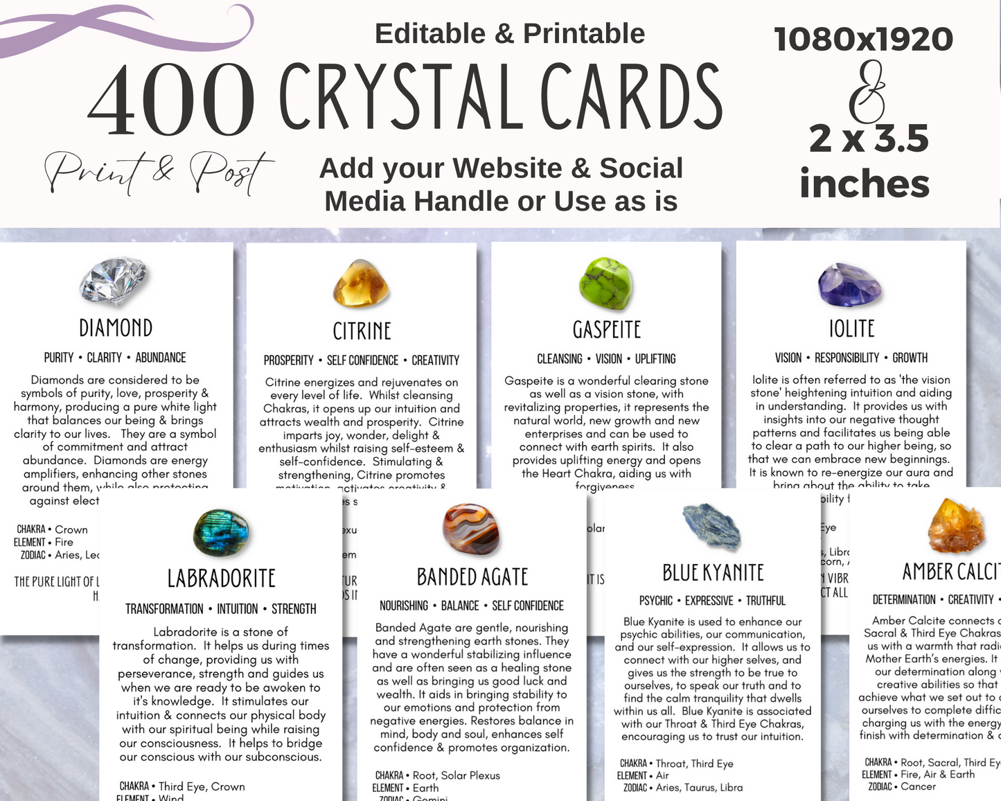 400 Business Card - Crystal Meaning Cards, Printable Gemstone Meaning Cards