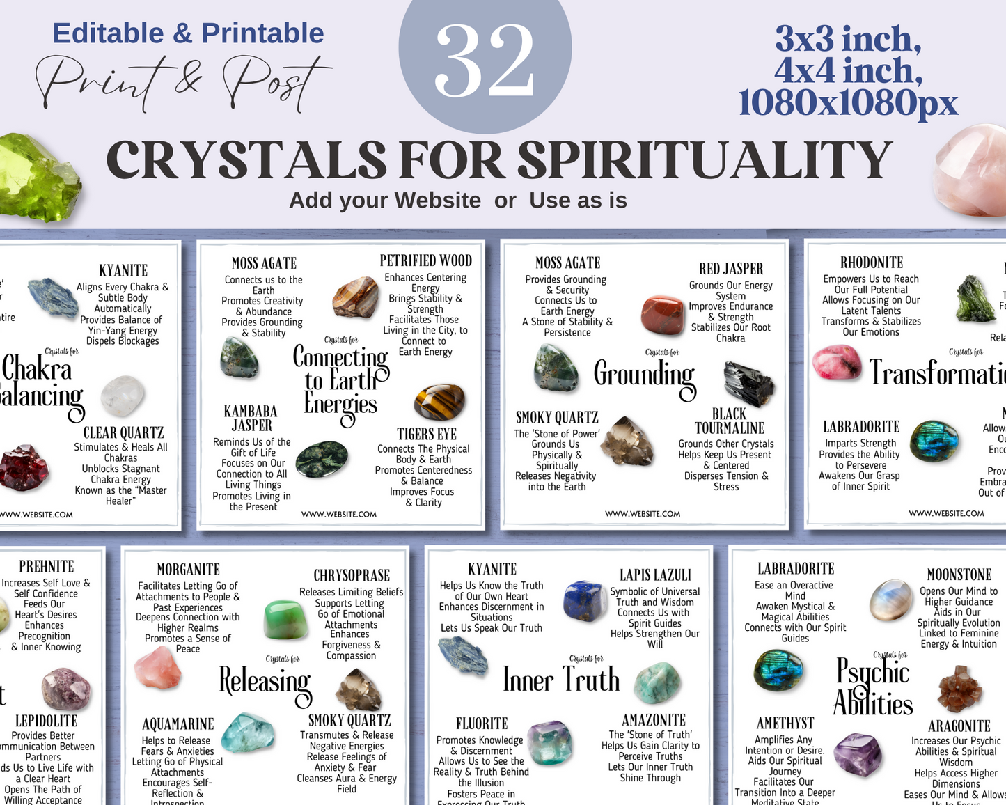 32 Crystals for Spirituality Cards, Editable Crystal Kit Card Set, Canva Printable Crystals for Spirituality