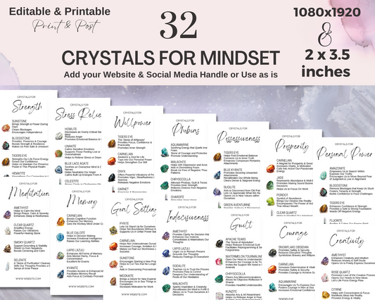 32 Crystals for Mindset Cards, Editable Crystal Kit Cards Set Business Card Size