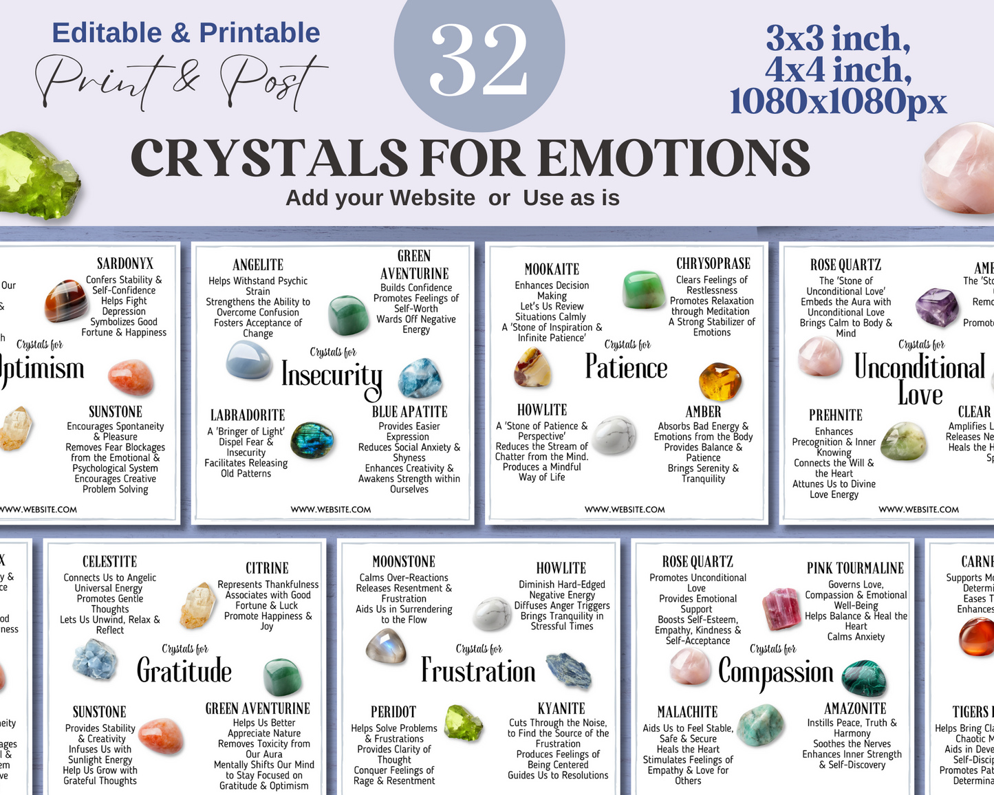 32 Crystals for Emotions Cards, Editable Crystal Kit Card Set -Canva
