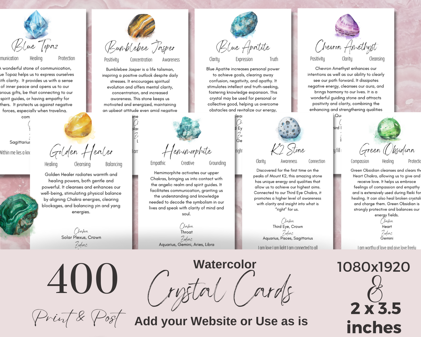 400 Editable Watercolor Crystal Meaning Cards