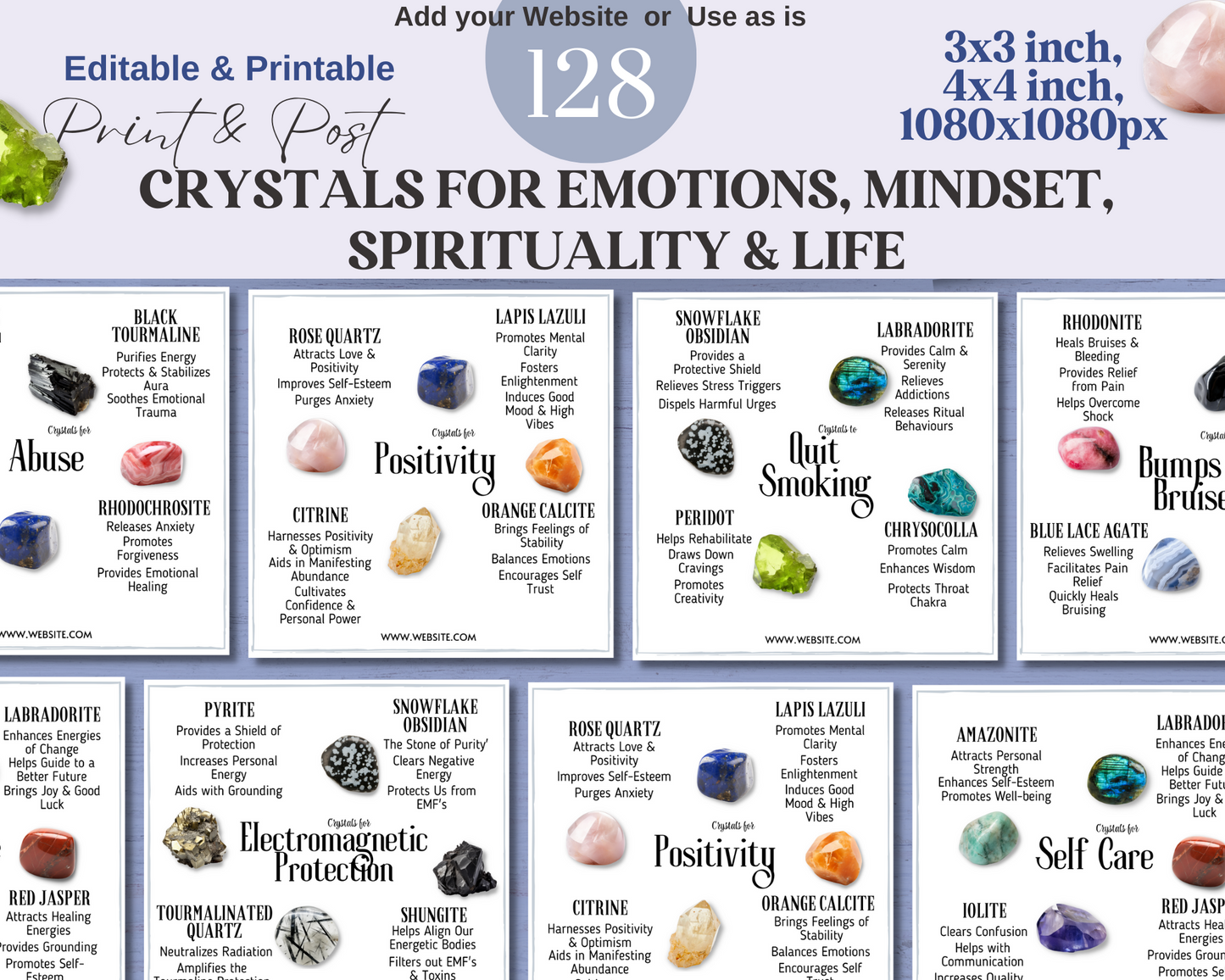 128 Crystals for Mindset, Emotions, Spirituality, Life and Well-Being Crystal Card Bundle Collection- Canva, Printable Crystal Cards & Posts