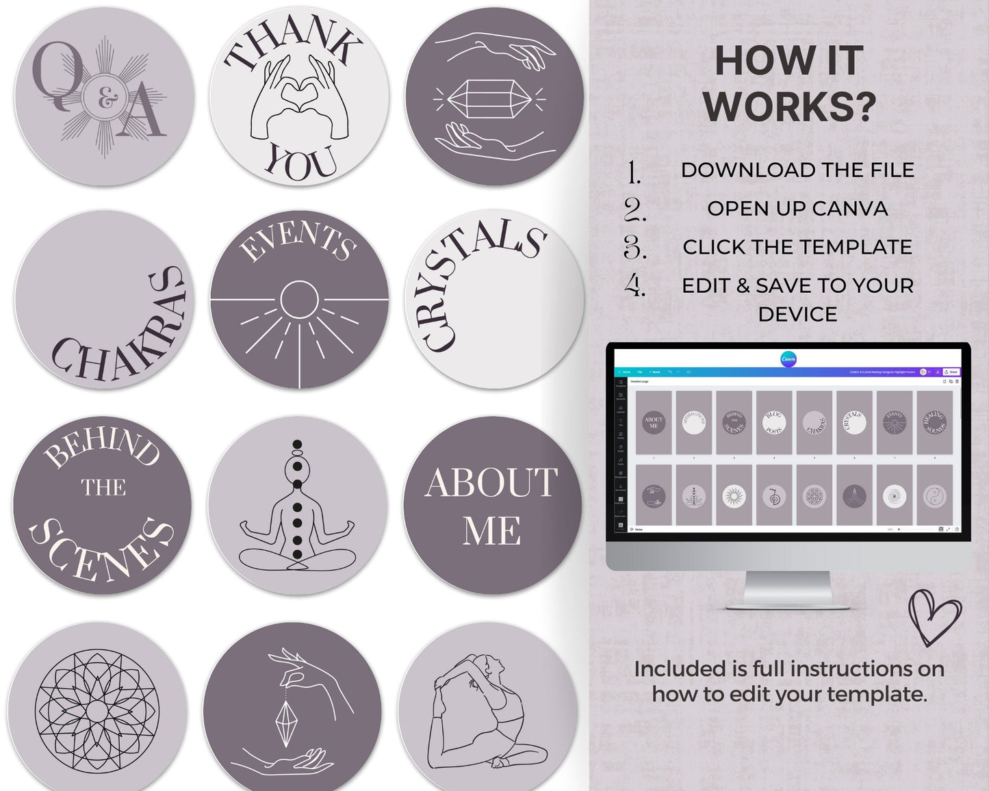 60 Reiki Healing Social Media Instagram Cover Template | Spiritual Instagram Highlights | Wellness, Energy Healing IG Branding Kit