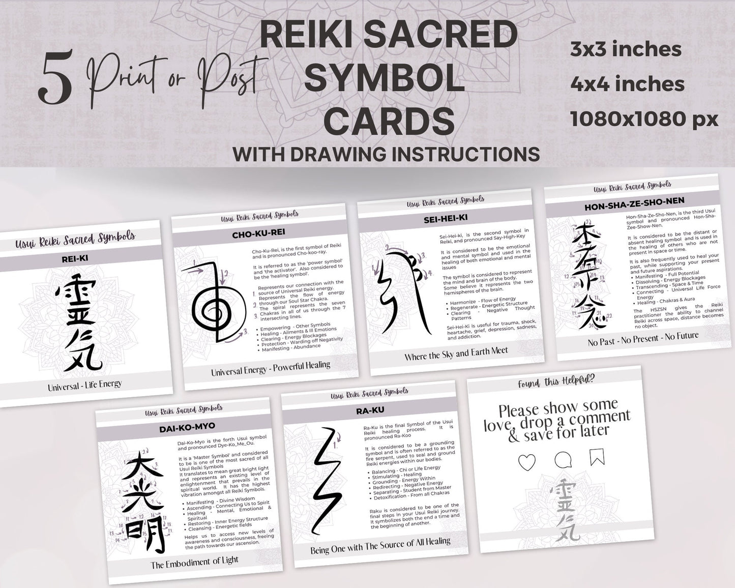5 Reiki Symbols Cards, Usui Reiki Symbols, Editable Reiki Symbol Cards, Reiki Healing Cards, Cho Ku Rei, Sei Hei Ki, Hon Sha Ze Sho Nen