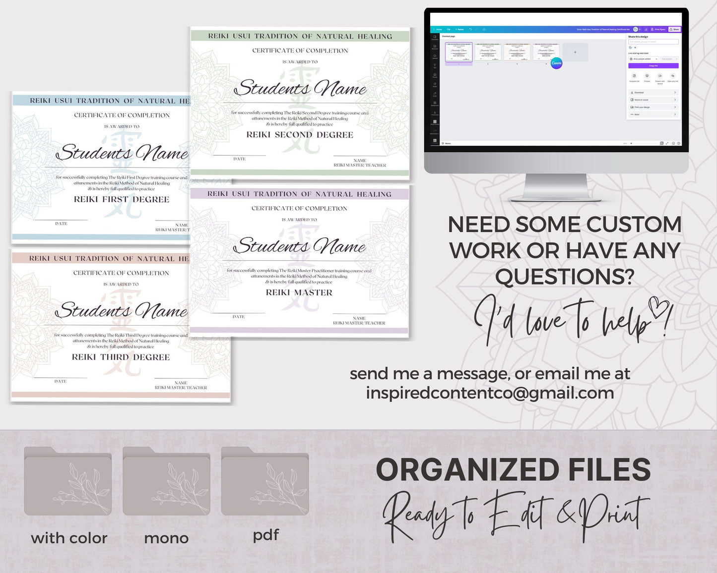 Editable Reiki Certificates 1-2-3-Master, Reiki Printable Canva Template and PDF, Color or Mono, Ideal for Reiki Practitioner Master Teacher