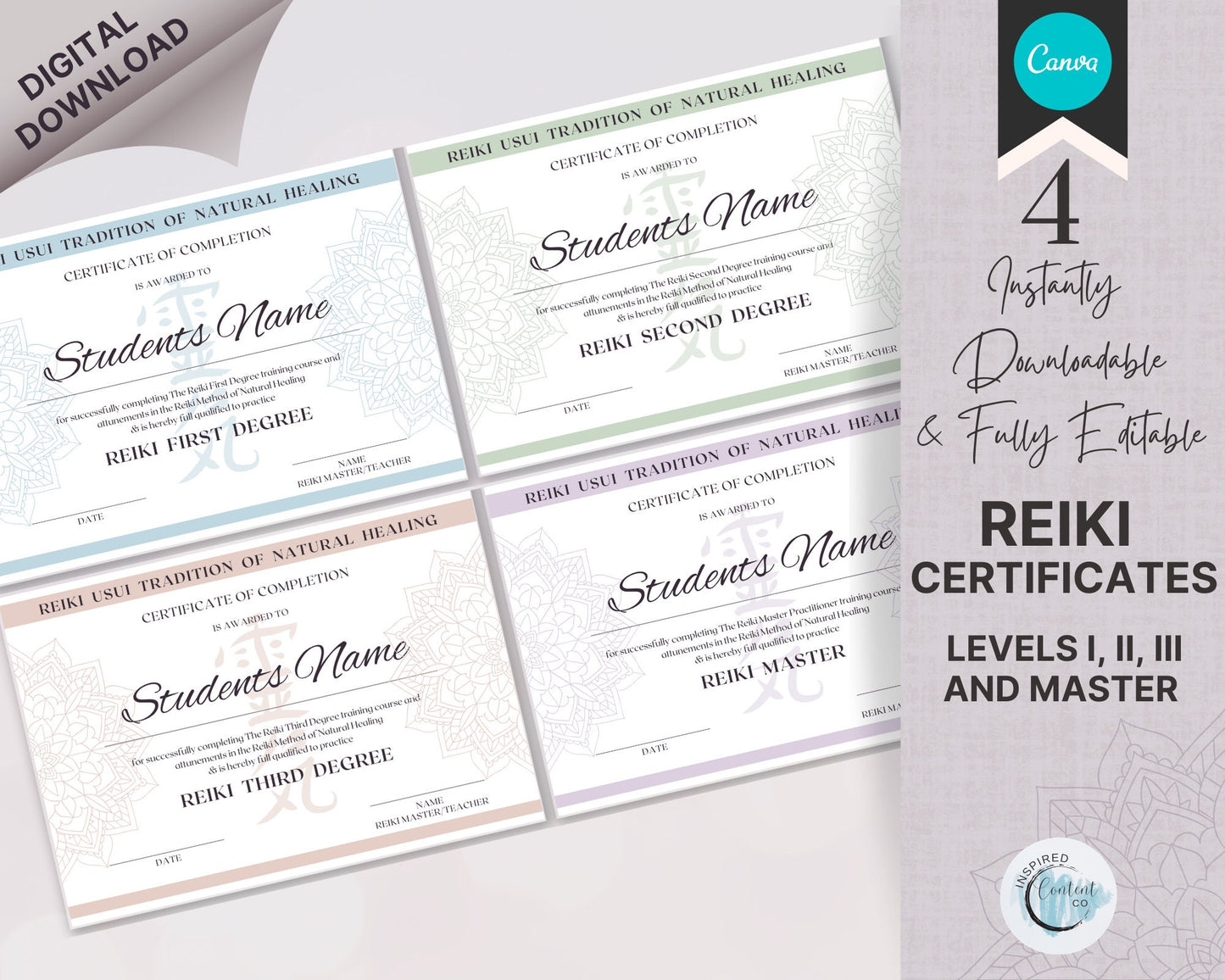 Editable Reiki Certificates 1-2-3-Master, Reiki Printable Canva Template and PDF, Color or Mono, Ideal for Reiki Practitioner Master Teacher