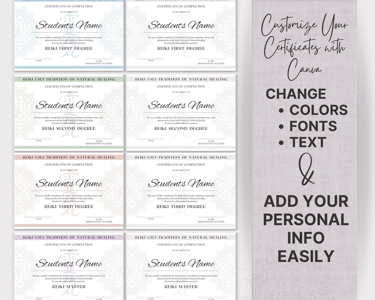 Editable Reiki Certificates 1-2-3-Master, Reiki Printable Canva Template and PDF, Color or Mono, Ideal for Reiki Practitioner Master Teacher