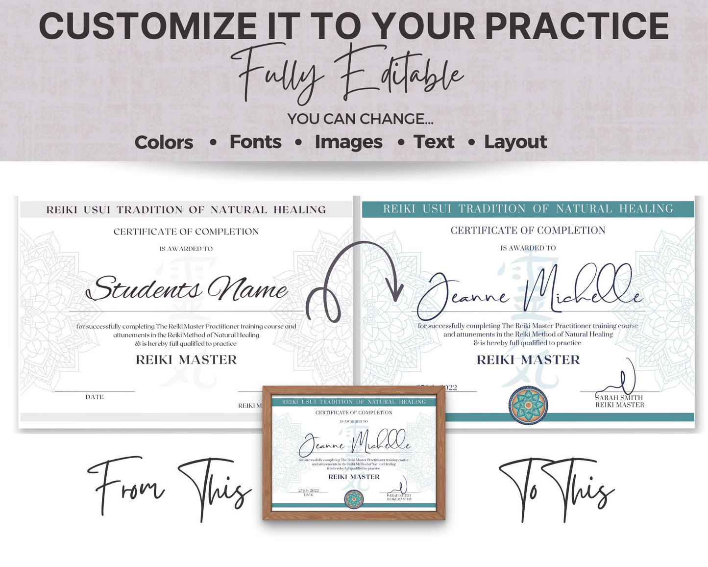 Editable Reiki Certificates 1-2-3-Master, Reiki Printable Canva Template and PDF, Color or Mono, Ideal for Reiki Practitioner Master Teacher
