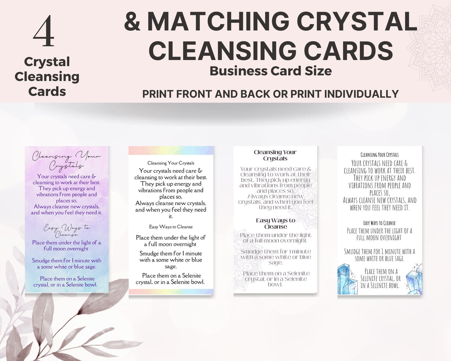 Crystal Insert Cards & Crystal Cleansing Cards Set, Crystals gift insert card, crystal information and crystal thank you insert