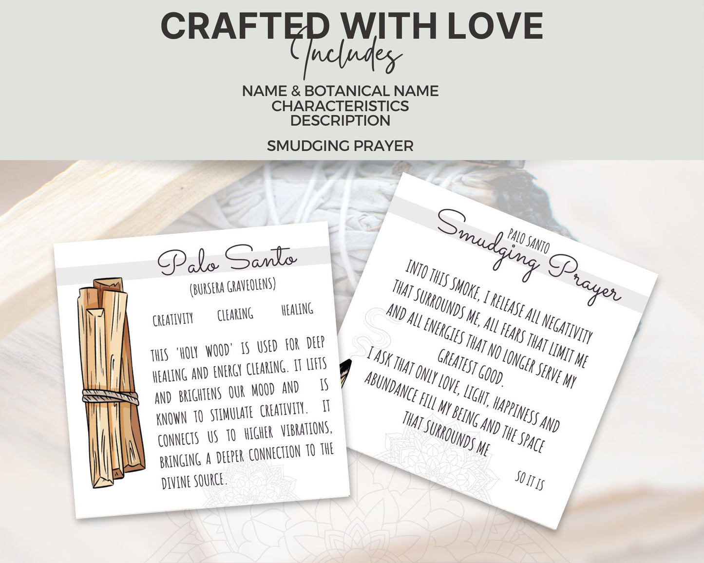 Smudging Cards, Smudging Prayer Cards & Smudging Instructions Sage and Palo Santo, Printable Cards and Smudging Guide, Energy Cleansing Kit
