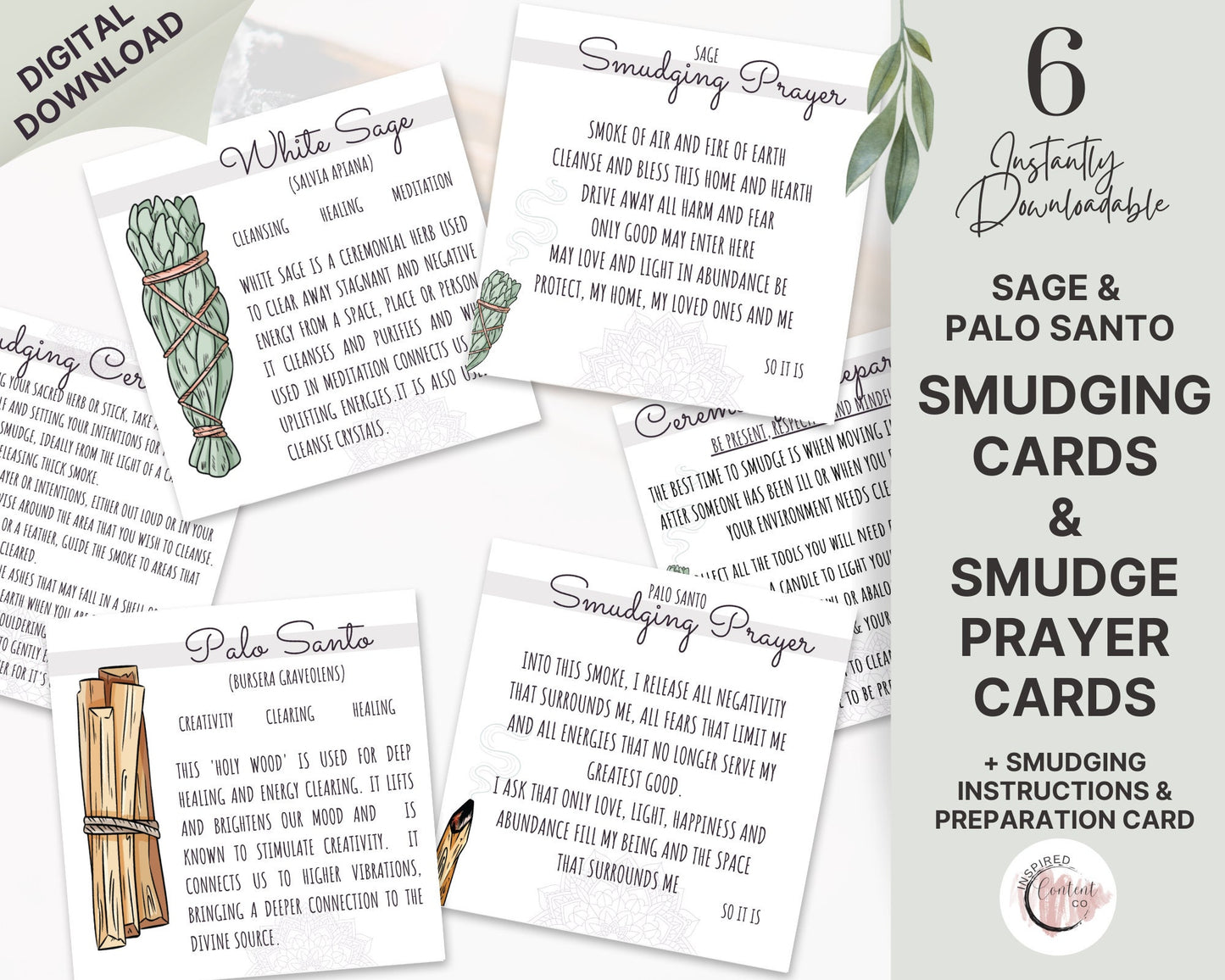 Smudging Cards, Smudging Prayer Cards & Smudging Instructions Sage and Palo Santo, Printable Cards and Smudging Guide, Energy Cleansing Kit