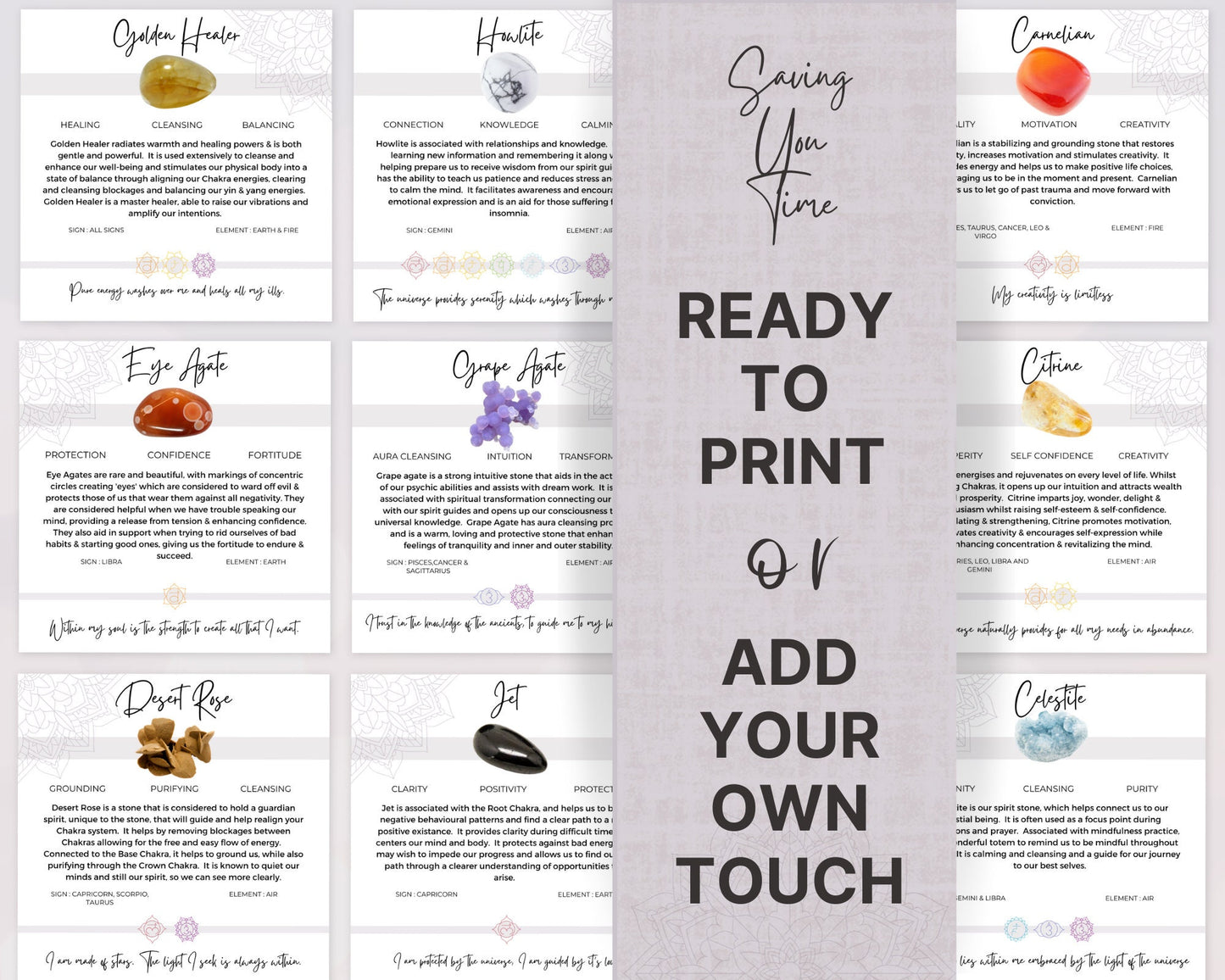 230 Printable Crystal Meaning Cards, Editable Gemstone Cards, Instant Download Crystal Cards, Crystal Information Cards PDF, Chakra Cards