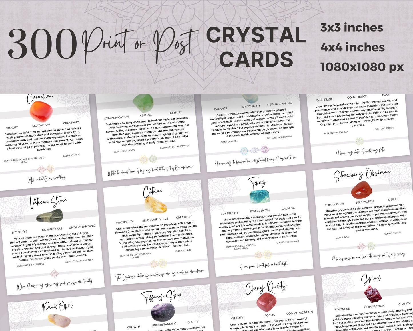 300 Crystal Cards, Healing Crystal Descriptions & Affrimation Cards, Digital Gemstone Meaning Cards, Print Metaphysical Crystal Info Cards