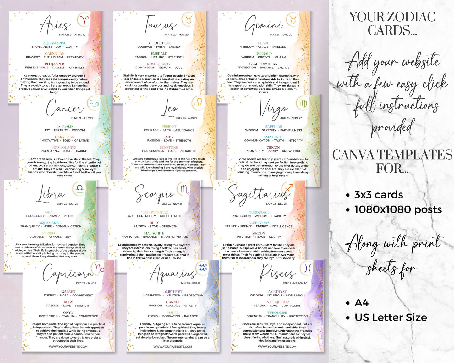 Crystal Zodiac Cards, Printable Zodiac Cards with Birthstones, Zodiac Crystals, Editable Star Sign Cards, Canva Zodiac Crystal Insert Cards