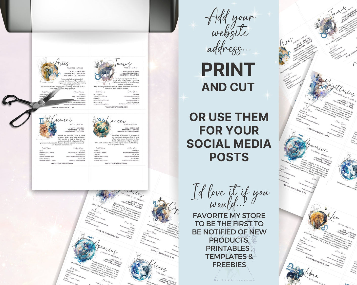 Printable Zodiac Crystals Cards- 12 Watercolor Art Horoscope & Crystal Cards, Editable Astrology Cards/Star Sign Cards, Zodiac Cards Canva