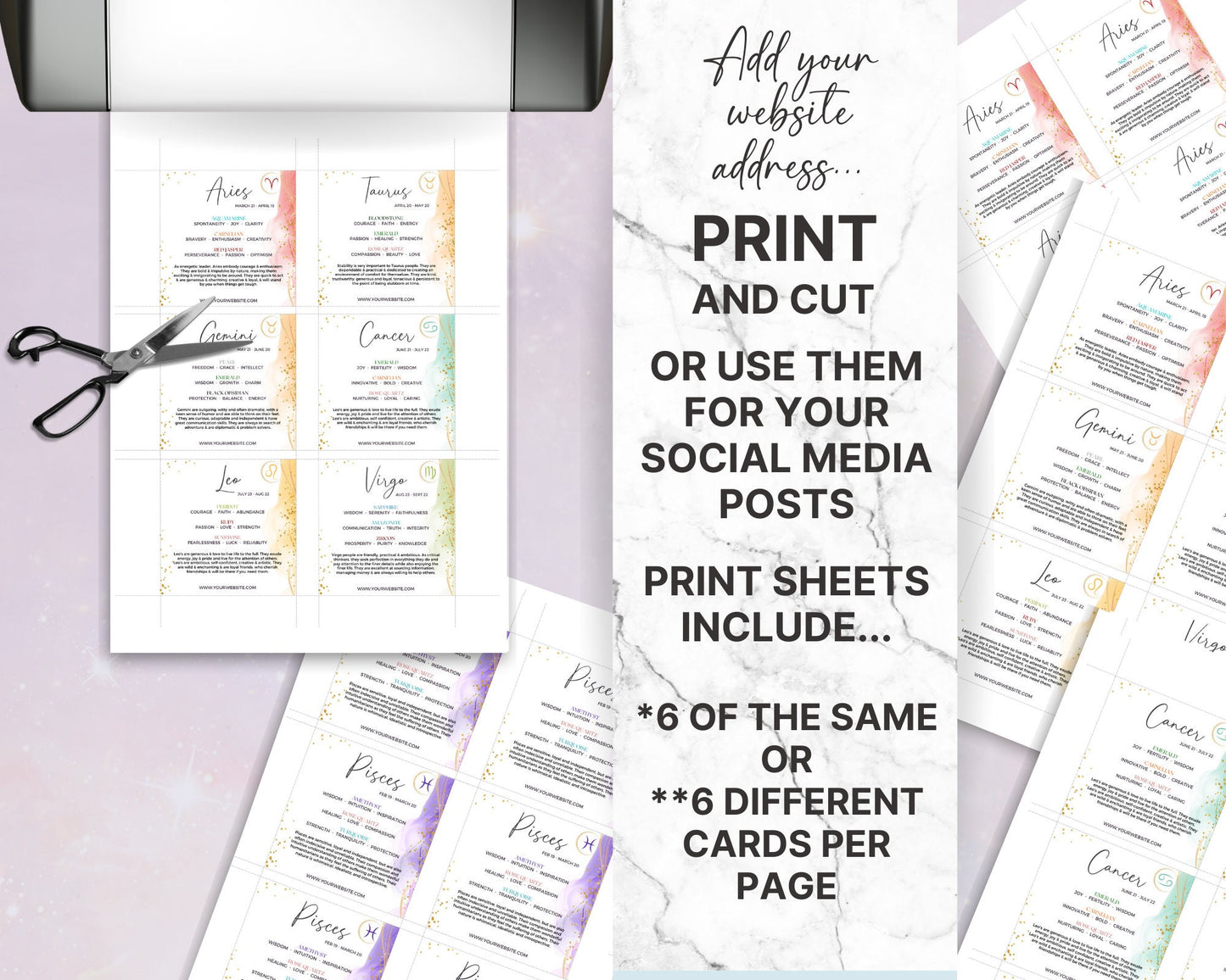 Crystal Zodiac Cards, Printable Zodiac Cards with Birthstones, Zodiac Crystals, Editable Star Sign Cards, Canva Zodiac Crystal Insert Cards
