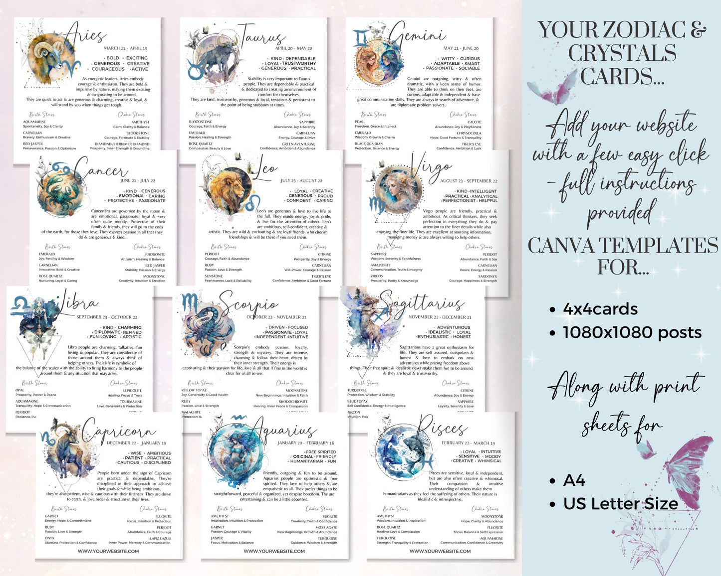 Printable Zodiac Crystals Cards- 12 Watercolor Art Horoscope & Crystal Cards, Editable Astrology Cards/Star Sign Cards, Zodiac Cards Canva