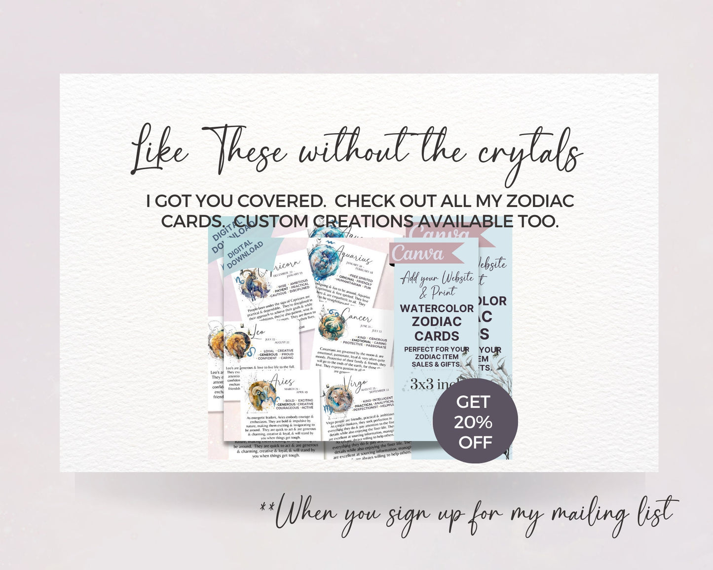 Printable Zodiac Crystals Cards- 12 Watercolor Art Horoscope & Crystal Cards, Editable Astrology Cards/Star Sign Cards, Zodiac Cards Canva
