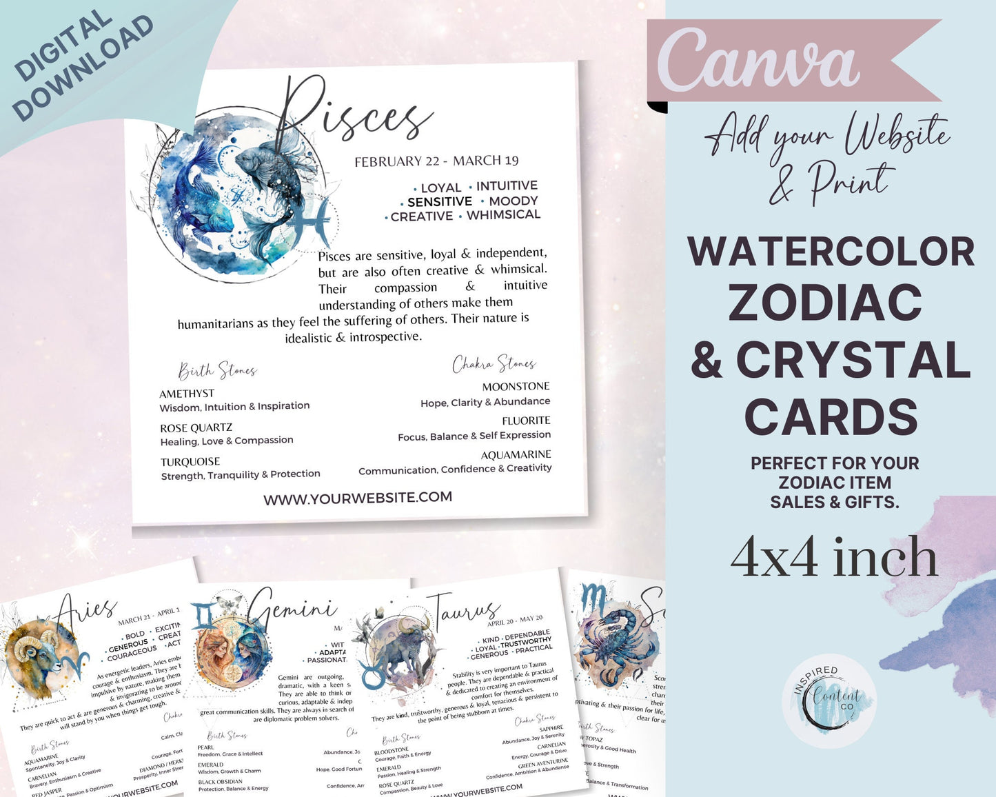 Printable Zodiac Crystals Cards- 12 Watercolor Art Horoscope & Crystal Cards, Editable Astrology Cards/Star Sign Cards, Zodiac Cards Canva