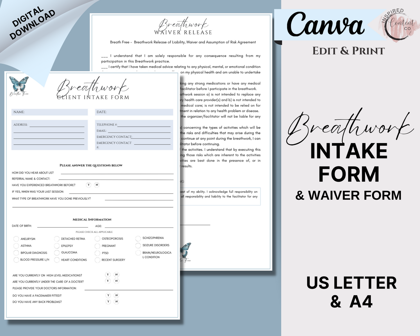 Breathwork Intake Form and Liability Waiver Form, Breath Journey Client Waiver, Editable Canva Intake Form Template, Waiver of Liability