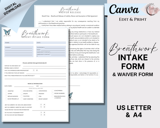 Breathwork Intake Form and Liability Waiver Form, Breath Journey Client Waiver, Editable Canva Intake Form Template, Waiver of Liability