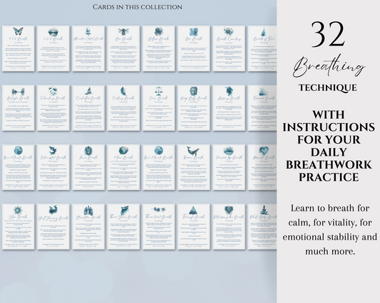 32 Breathing Cards, Mindful Breathwork Calming Techniques, Printable Breath Cards