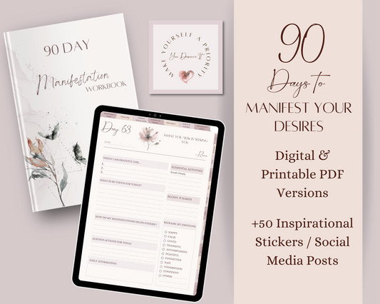 90 Day Manifestation Journal & Workbook - Printable and Digital Journal, Manifesting Planner