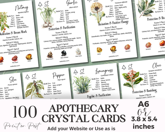 100 Herb & Spice Crystal Cards, Apothecary Herb Meaning Cards