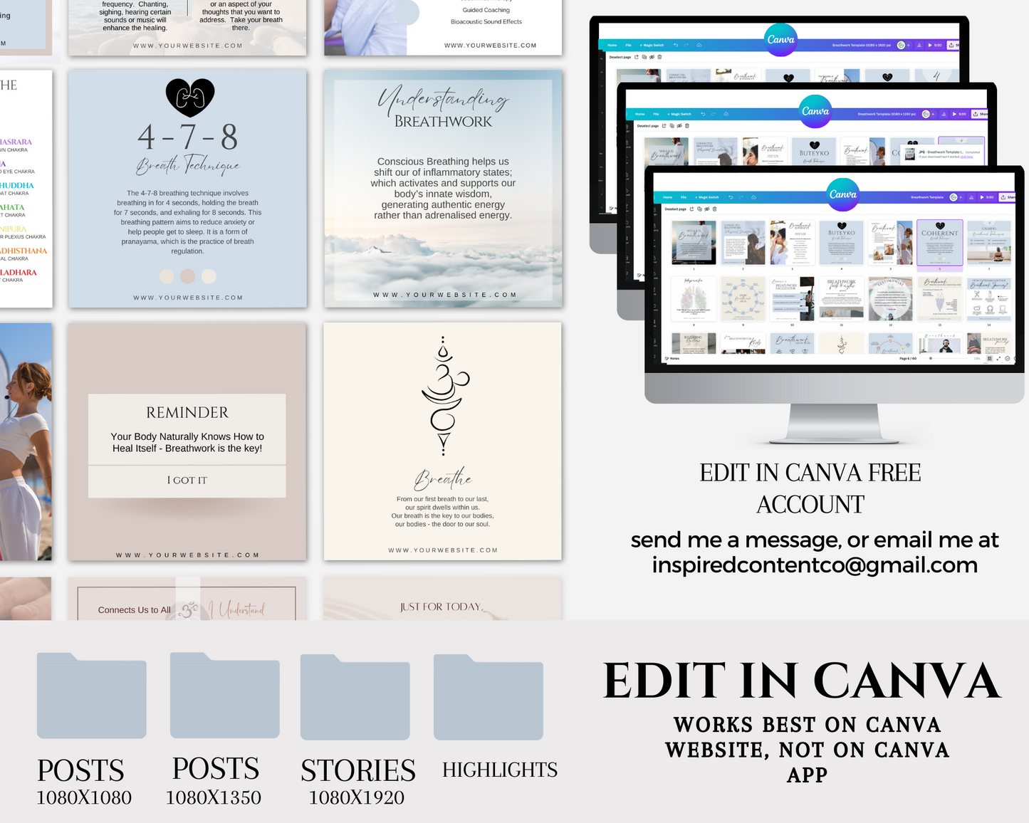 Breathwork Social Media Collection, Breath Coach Posts, Breathing IG Canva Template