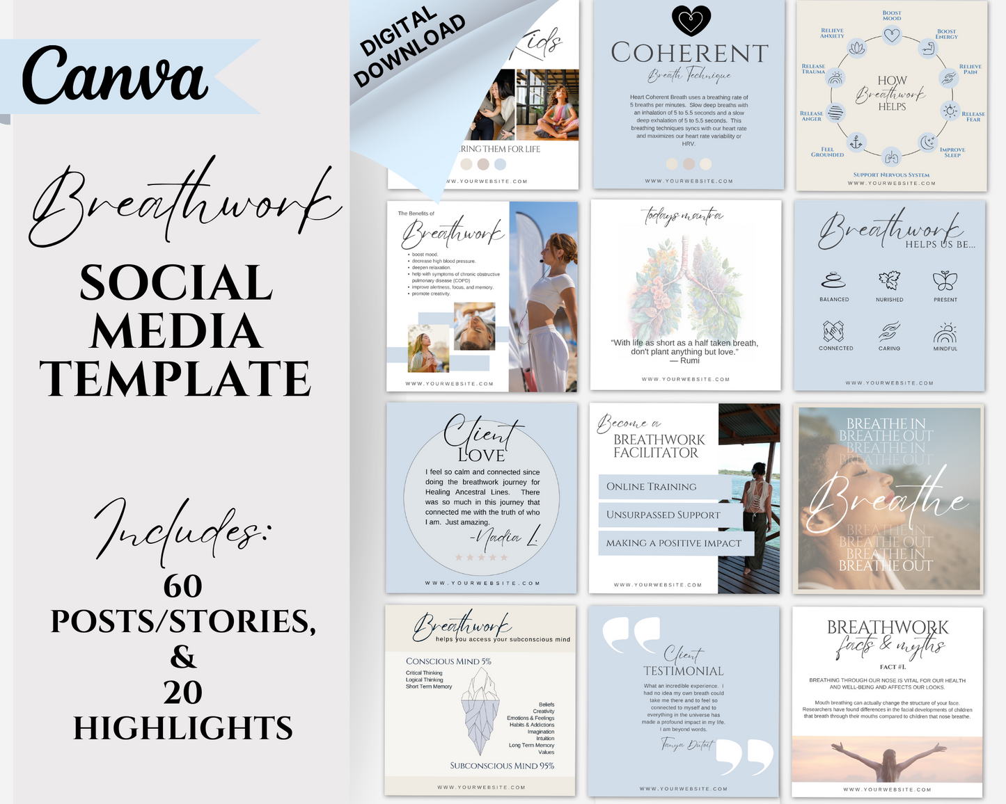 Breathwork Social Media Collection, Breath Coach Posts, Breathing IG Canva Template