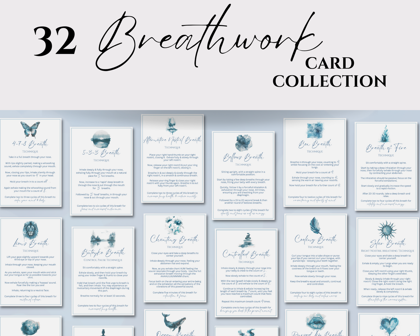 32 Breathing Cards, Mindful Breathwork Calming Techniques, Printable Breath Cards