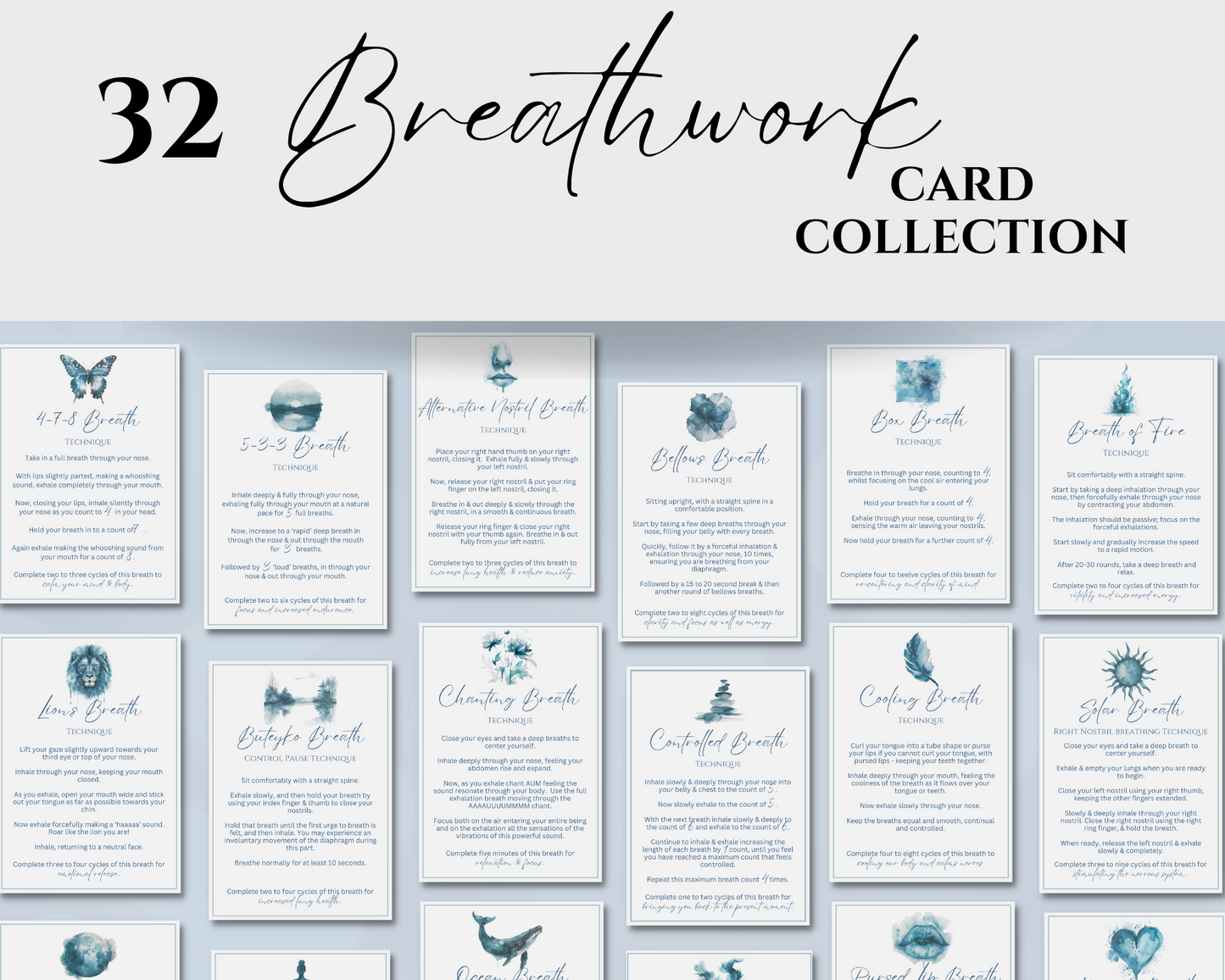 32 Breathing Cards, Mindful Breathwork Calming Techniques, Printable B