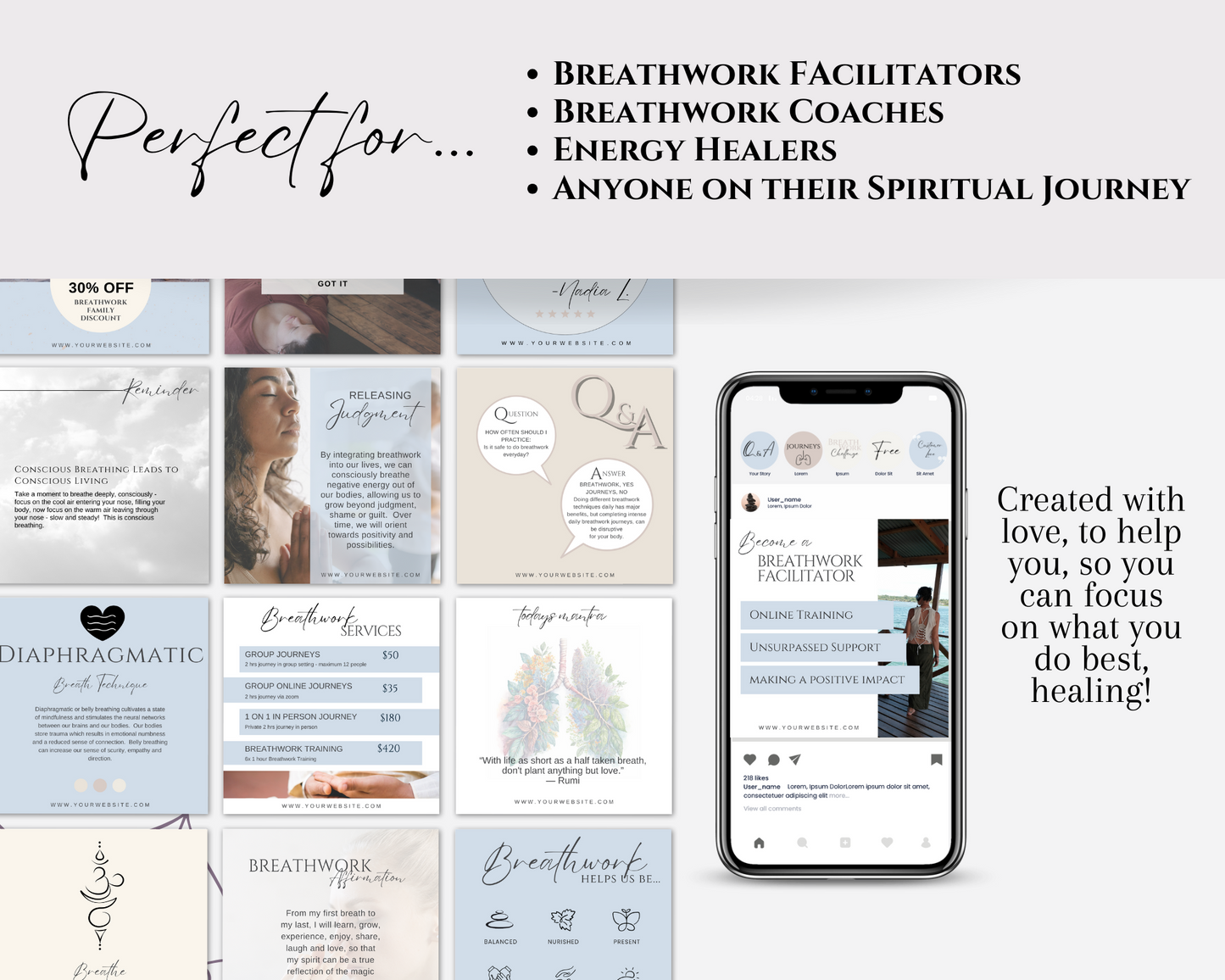 Breathwork Social Media Collection, Breath Coach Posts, Breathing IG Canva Template