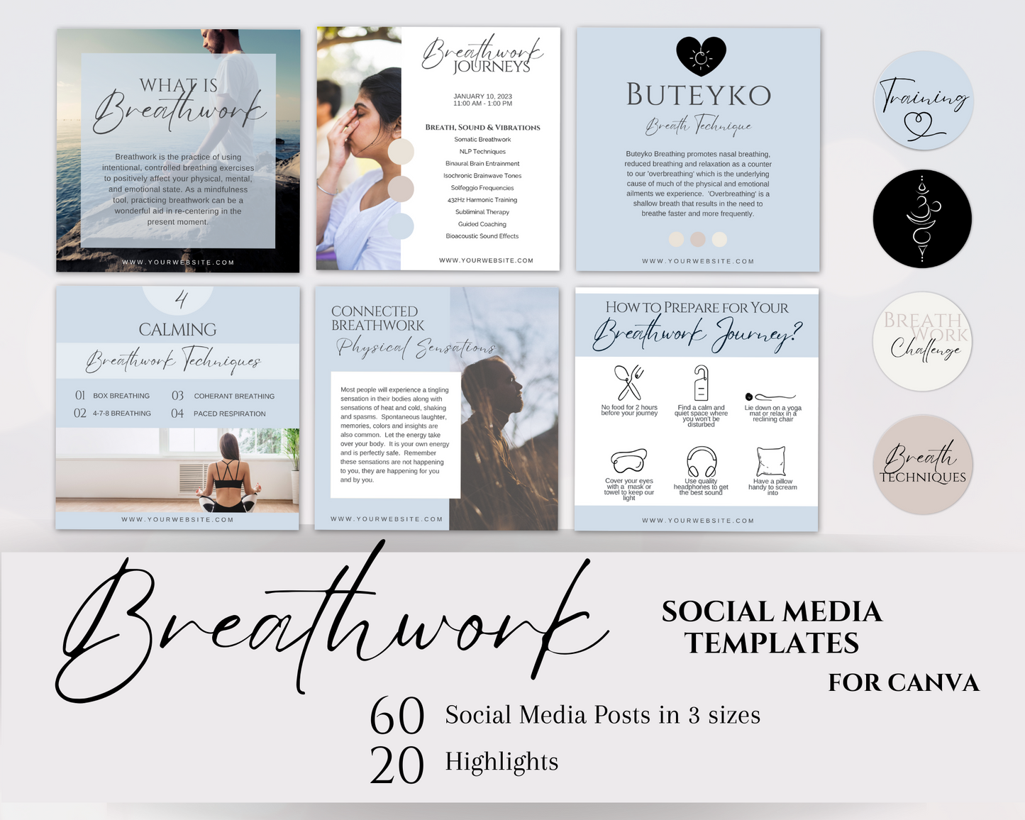 Breathwork Social Media Collection, Breath Coach Posts, Breathing IG Canva Template