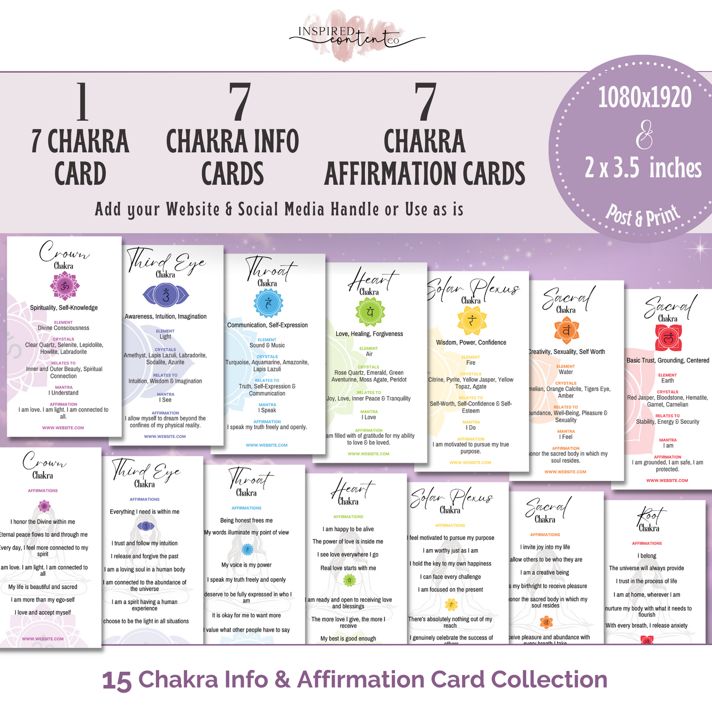 15 Chakra Info & Affirmation Cards - Printable Chakra Card Set, Canva Editable Seven Chakras Deck, Reiki Chakra Affirmations, Biz Card Size