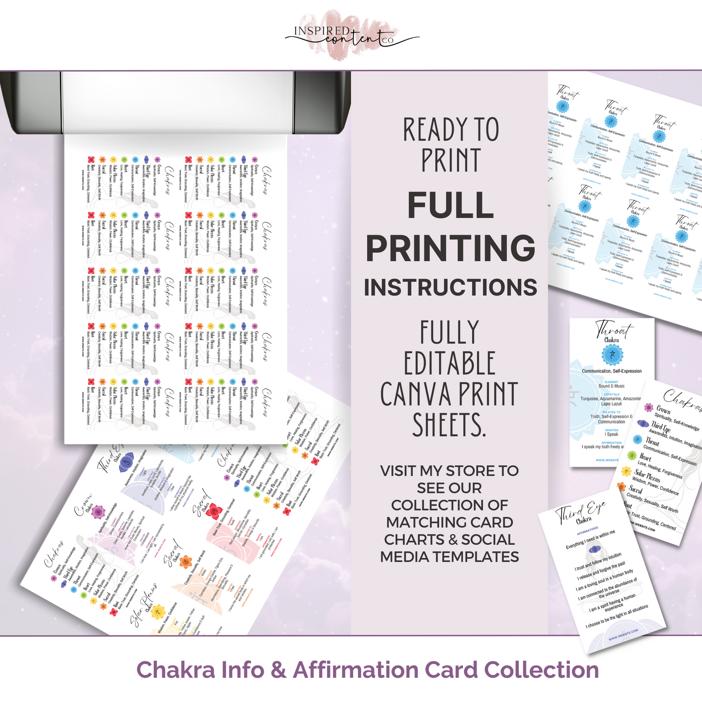 15 Chakra Info & Affirmation Cards - Printable Chakra Card Set, Canva Editable Seven Chakras Deck, Reiki Chakra Affirmations, Biz Card Size