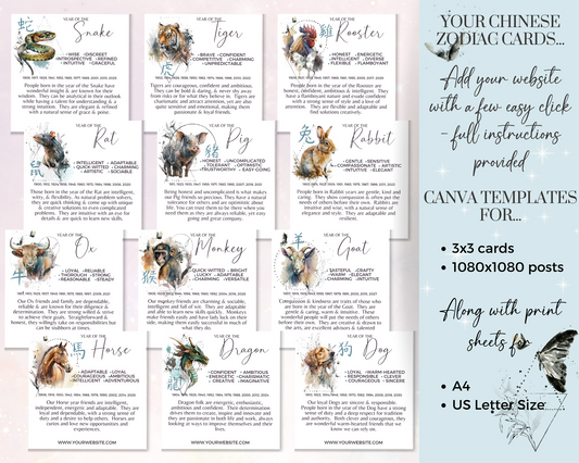 12 Chinese Zodiac Printable Cards - Watercolor Chinese Horoscope Cards