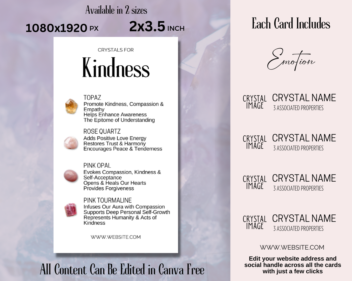 32 Healing Crystal Cards, Crystal Kit Cards, Editable Emotional Healing Crystal Sets
