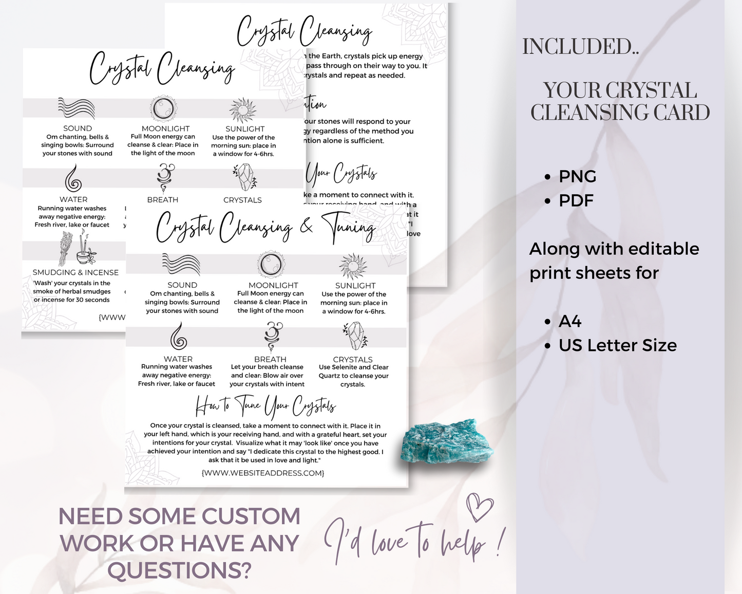Editable Crystal Cleansing Cards, Crystal Insert Cards, How to Cleanse Your Crystals