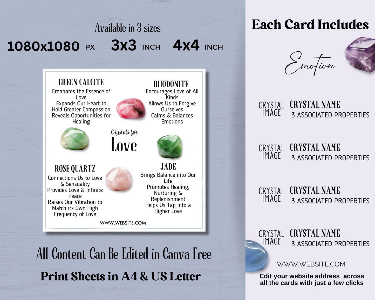32 Crystals for Emotions Cards, Editable Crystal Kit Card Set -Canva