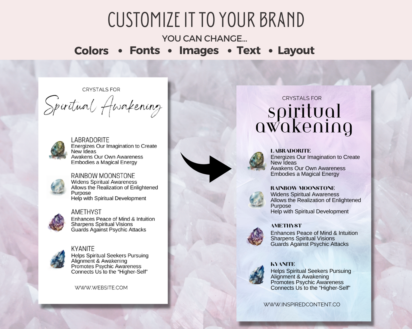 32 Crystals for Spirituality Cards, Editable Crystal Kit Cards Set Business Card Size