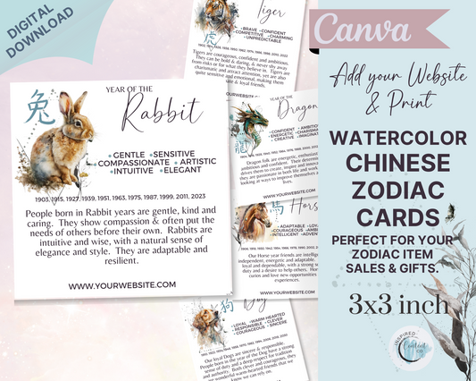 12 Chinese Zodiac Printable Cards - Watercolor Chinese Horoscope Cards