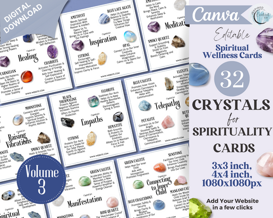 32 Crystals for Spirituality Cards, Editable Crystal Kit Card Set, Canva Printable Crystals for Spirituality